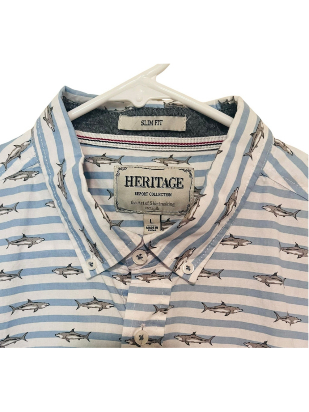 Heritage Report Collection Shark Shirt Men’s Large Blue White Striped Button Up
